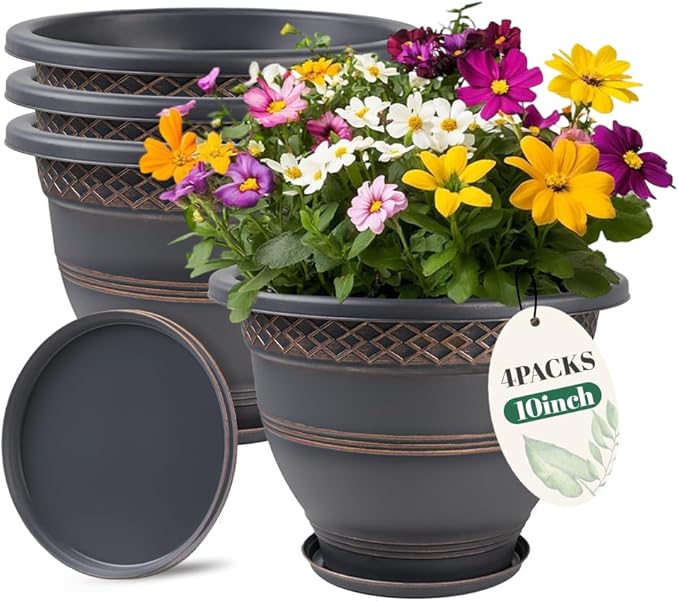10 Inch 4 Pack Large Plant Pots, Plastic Flower Pot for Indoor & Outdoor with Drainage Holes & Saucer, Plaid Pattern Planters Garden Pots for Herbs-HomvellaHome