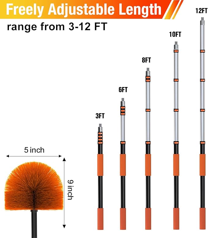 12FT (20FT Reach) Cobweb Duster with Extension Pole, Spider Web Brush for Cleaning Extendable, Professional Ceiling and Corner Dusters for Outdoor Indoor Use-HomvellaHome