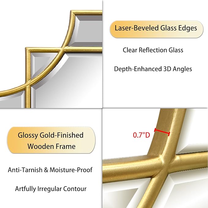 Gold Mirror for Wall, 36x24 Gold Wood Framed, Scalloped Beveled Polished Rectangle Mirror, Large Decorative Mirrors for Wall Decor, Irregular Mirror for Living Room, Bathroom Vanity, Entryway-HomvellaHome