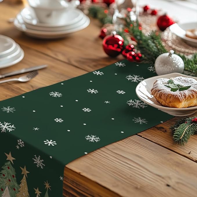 GEEORY Christmas Table Runner 13x72 Inch, Xmas Trees Snowflakes Holiday Decorative Farmhouse Table Decoration for Kitchen Dinning, Indoor Outdoor Dinner Party Decor (Green) GT152-72-HomvellaHome