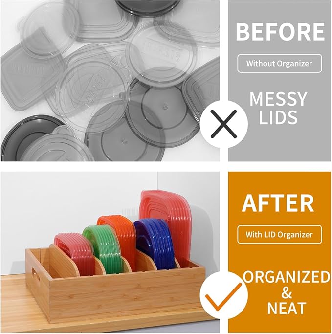 2 Pack Bamboo Lid Holder Food Container, Kitchen Organizer with 5 Adjustable Dividers, Cabinet Organizer for Food, Kitchen Gadget, Container Lids-HomvellaHome