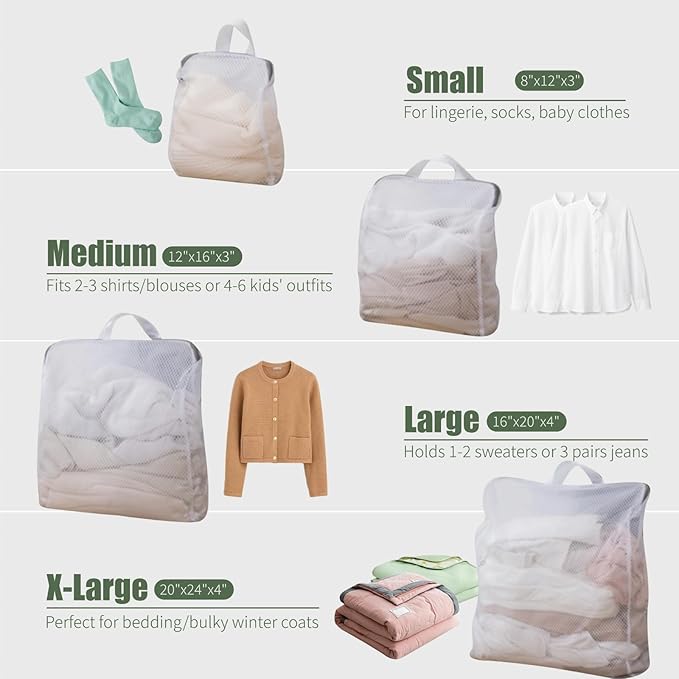 GWT 4Pcs 3D Mesh Laundry Bags with Hanging Handles (S/M/L/XL) - Durable Zippered Wash Bags for Delicates, Shoes & Bulk Clothes - Space-Saving Foldable Design-HomvellaHome