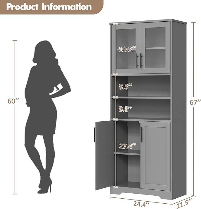 GarveeHome 67" Tall Storage Cabinet, Tall Bathroom Cabinet with Glass Doors and Adjustable Shelves, Freestanding Kitchen Pantry Cabinets, Cupboard for Living Room, Dining Room, Gray-HomvellaHome