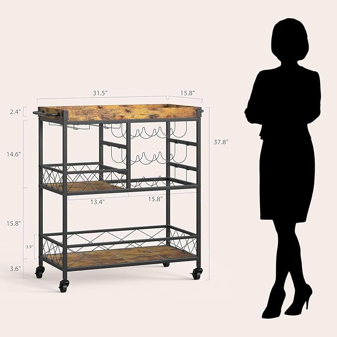Gizoon Bar Cart, 3 Tier Coffee Cart with Lockable Wheels, 12-Bottle Wine Rack, and Hanging Glass Holder, Kitchen Rack with Removable Tray, for Kitchen, Dining Room, Entertaining, Club Party,Retro-HomvellaHome