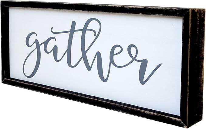 Gather Sign for Home Decor in Grey - Farmhouse Kitchen Dining Room Wall Decor - Rustic Wall Decoration Solid Wood Thick Black Frame 12x5 Inches-HomvellaHome