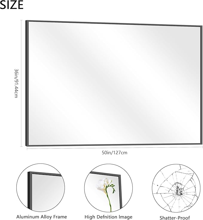 36x50inch Bathroom Mirror, Black Rectangle Mirrors with Thin Metal Frame, Large Rectangular Wall Mirror for Bathroom, Living Roomm, Hair Salon, Big Farmehouse Mirror Hang Horizontal/Vertical-HomvellaHome