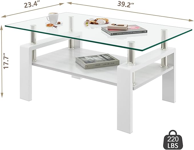 Glass Coffee Table Rectangle Living Room Center Table, with Transparent Tempered Glass Tabletop and White MDF Layer,for Living Room and Office, Transparent +White-HomvellaHome