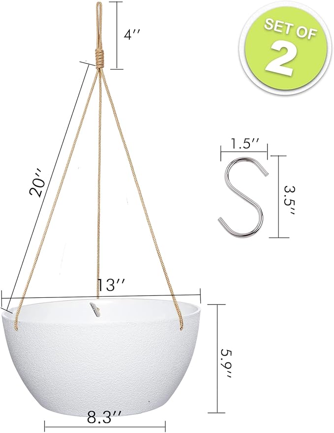 13 Inch 2 Pack Large Hanging Planters for Indoor Outdoor Plants, Plastic Hanging Basket Pots for House Plants Flowers, White-HomvellaHome