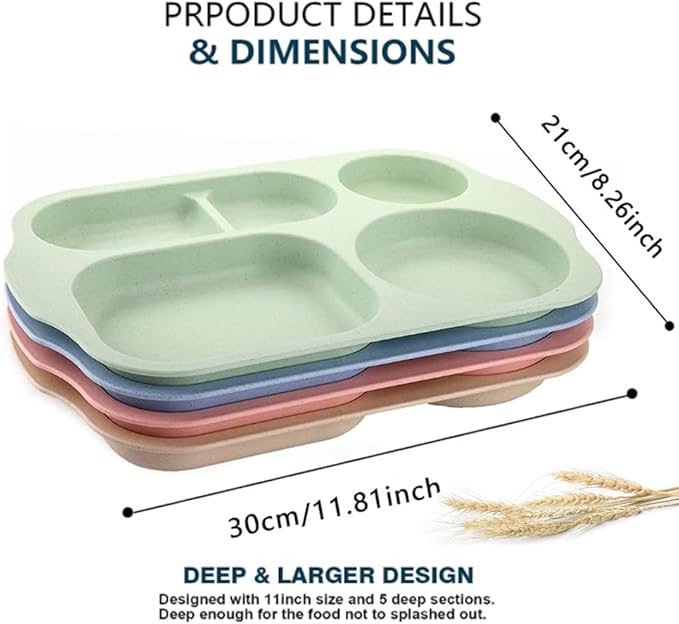 12 Inch Divided Plates4 PCS - Reusable Unbreakable Wheat Straw Plates, Dinnerware Lunch Tray Plates Tableware for Kitchen, Picky Eaters, Campers and Portion Control (Blush)-HomvellaHome