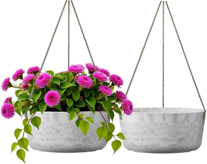 10.7 Inch Hanging Planter for Outdoor Indoor Plants，2 Pack Hanging Flower Pots with Drain Holes for Garden Home Decor Use (Marble)-HomvellaHome