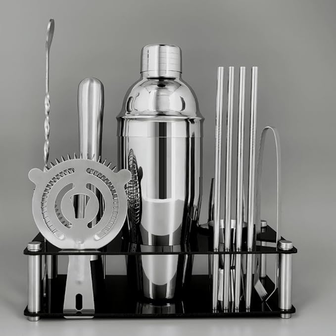 14-Piece Cocktail Shaker Set Bartender Kit with Black Stand, Bar Tool Set for Drink Mixing Bartending Kit Bar Sets Accessories: 750ml(25oz) Shaker, Jigger, Muddler, Cocktail Recipes (Silver)-HomvellaHome