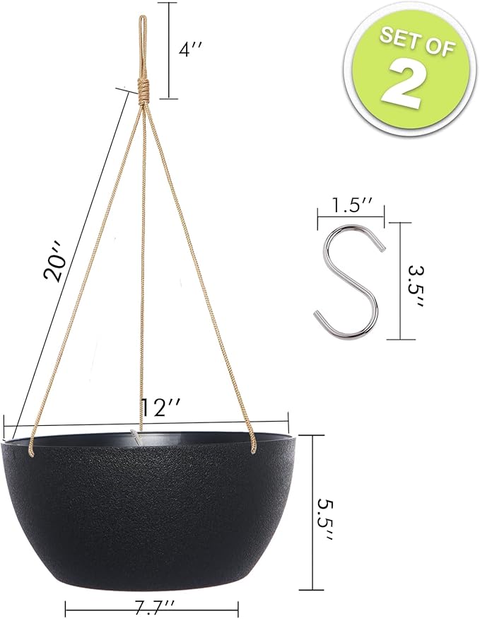 12 Inch 2 Pack Large Hanging Planters for Indoor Outdoor Plants, Plastic Hanging Basket Pots for House Plants Flowers, Black-HomvellaHome