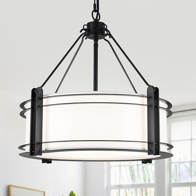 16.3''Black Drum Chandelier 3-Light Modern Farmhouse Chandelier with White Fabric Shade Adjustable Drum Pendant Light Fixture for Dining Room Kitchen Island Hallway Living Bedroom-HomvellaHome