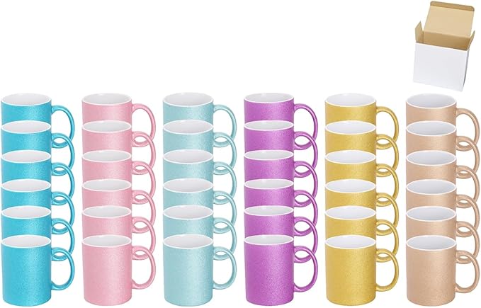 11oz White Ceramic Sublimation Coffee Mug in White Gift Box, 6 Sparkling Mixed Colors, Case of 36-HomvellaHome