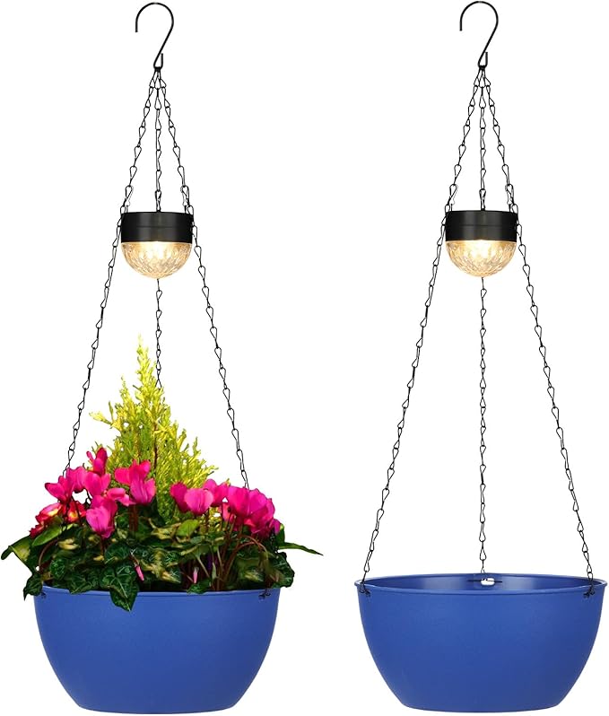 2 Packs Solar Hanging Basket Planters for Plants Outdoor, Self Watering Blue Flower Plants Pots with Solar Light Drainer for Balcony Patio Garden Outdoor Decoration-HomvellaHome
