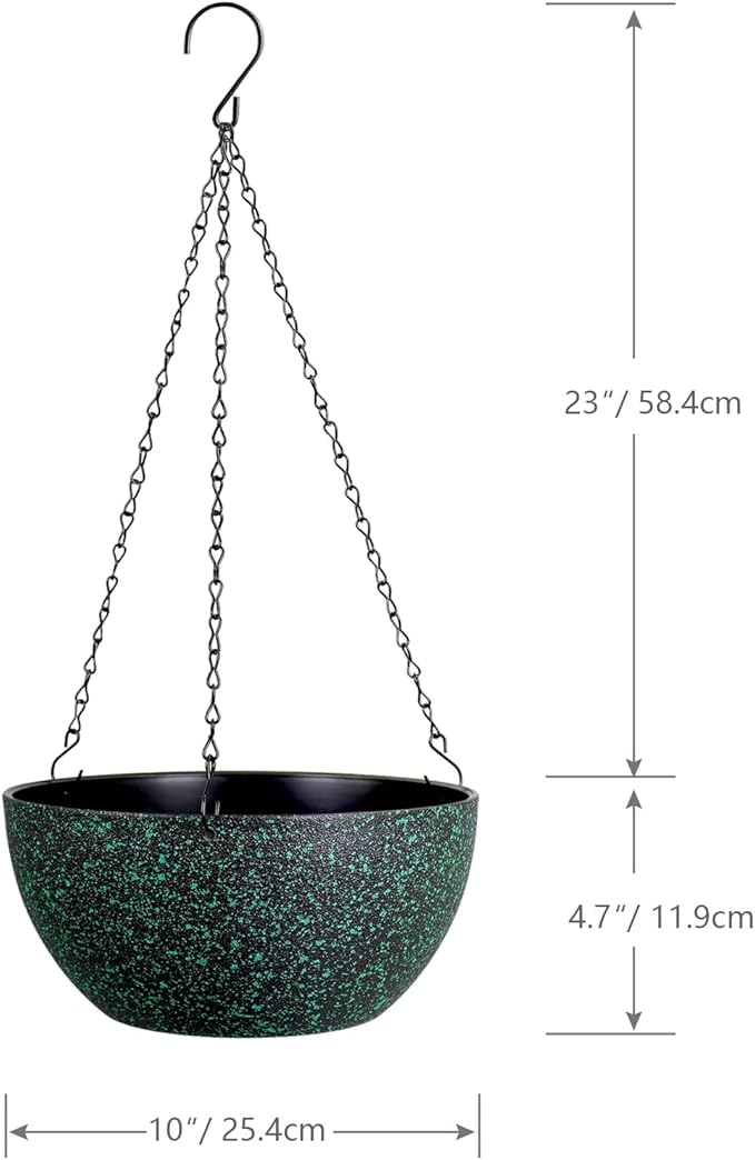 10inch Hanging Planters for Outdoor Indoor Plants with Drainage Holes and Chain, 2 Pack Round Hanging Flower Pots for Garden Home Porch Decor, Black with Green Speckles-HomvellaHome