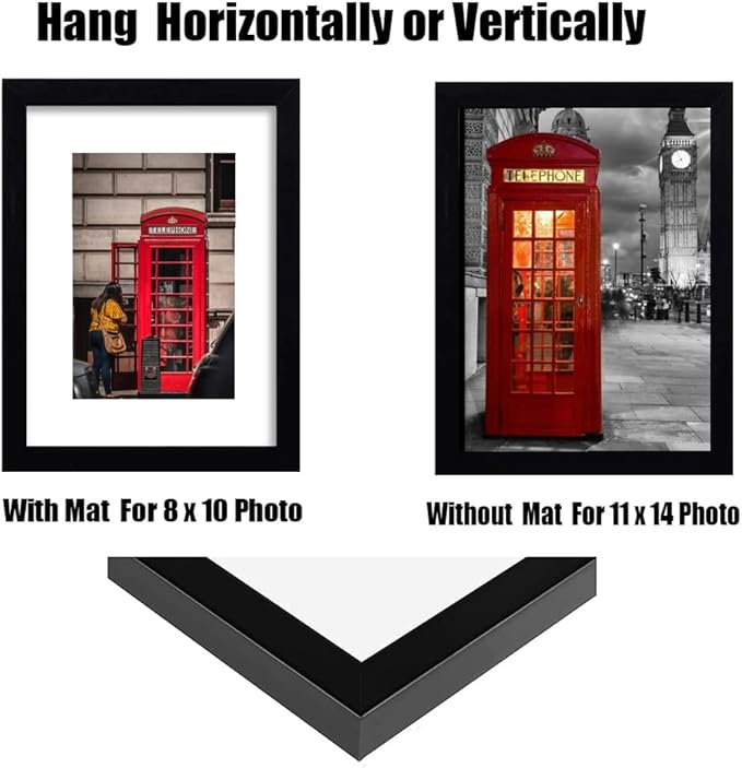 11x14 Picture Frame Set of 6, Display Pictures 8x10 with Mat or 11x14 Without Mat for Wall Mounting,Black-HomvellaHome
