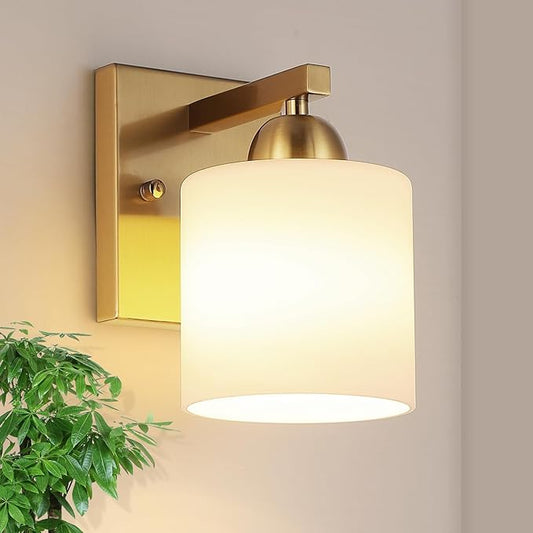 Gold Milk Glass Wall Sconces, 1 Pack Hardwired Indoor Wall Light Fixtures for Living Room, Hallway, Bedroom, Ceramic E26 Sockets (Bulbs Not Included)-HomvellaHome