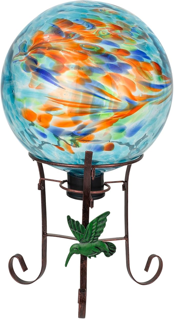10 Inch Glass Gazing Ball, with 9.4" Tall Metal Gazing Globe Stand, Glass Balls Display Holder Set for Outdoor Garden Lawn Yard Decoration, Blue Artistic-HomvellaHome