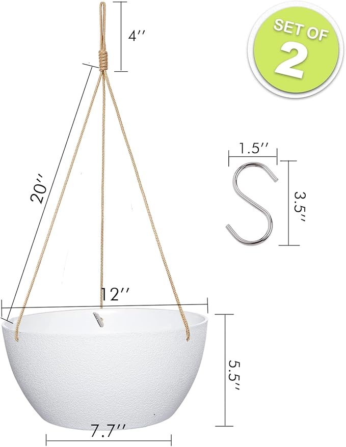 12 Inch 2 Pack Large Hanging Planters for Indoor Outdoor Plants, Plastic Hanging Basket Pots for House Plants Flowers, White-HomvellaHome