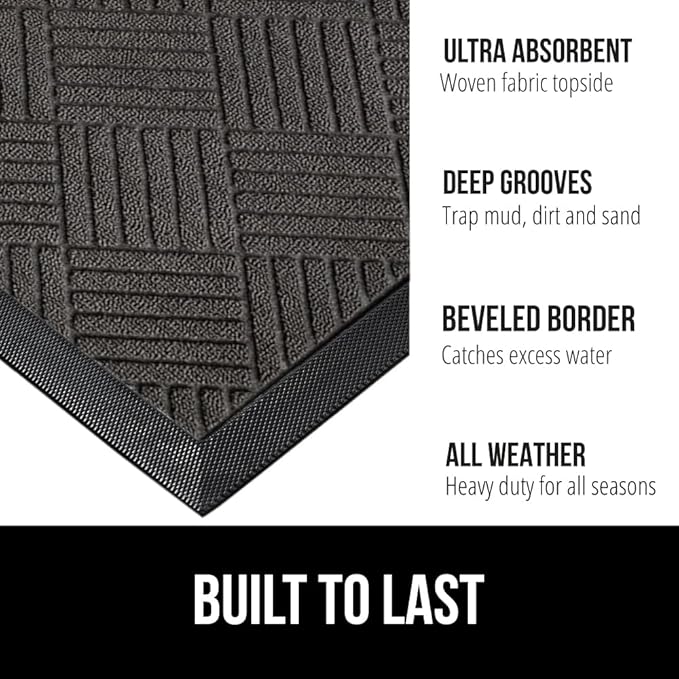 GORILLA GRIP 100% Waterproof All-Season WeatherMax Doormat, 34x58, US Designed Natural Rubber, Stain and Fade Resistant, Low Profile Indoor Outdoor Door Mats, Easy Clean Patio Mat, Gray Diamond-HomvellaHome