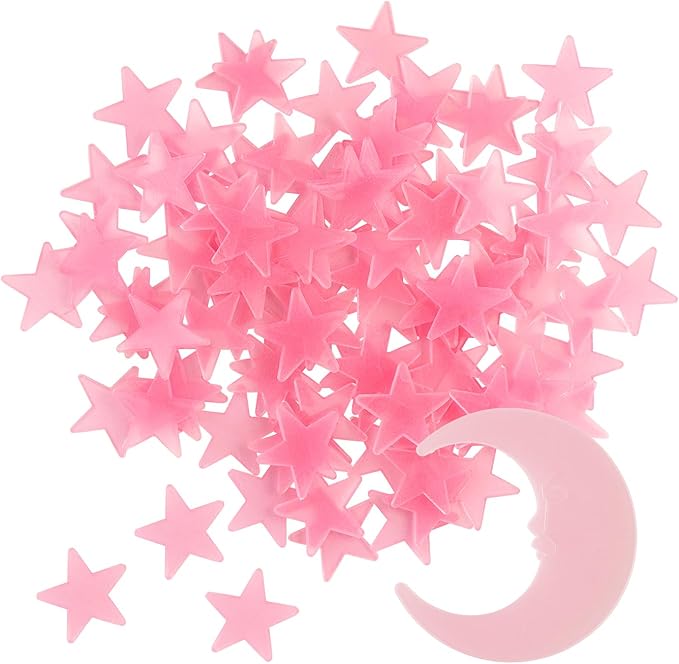 100 Stars and 1 Moon Glow in The Dark Luminous Fluorescent 3D Plastic Glow Stars Moon for Ceiling, Glowing Wall Stickers Create a Realistic Starry Sky, Room Decorations (Pink)-HomvellaHome