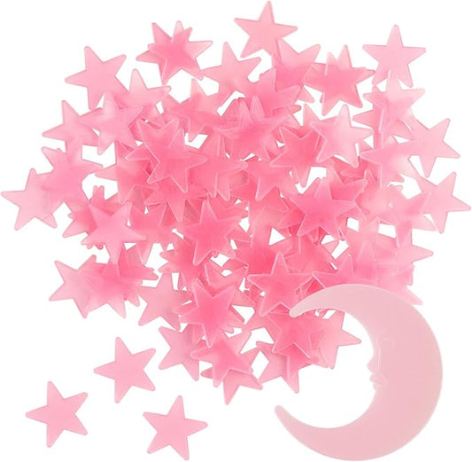 100 Stars and 1 Moon Glow in The Dark Luminous Fluorescent 3D Plastic Glow Stars Moon for Ceiling, Glowing Wall Stickers Create a Realistic Starry Sky, Room Decorations (Pink)-HomvellaHome
