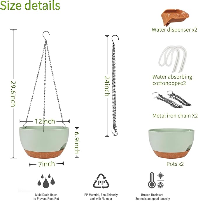 2 Pack Hanging Planters for Indoor Outdoor Plants, 12 Inch Self Watering Hanging Pot with Drainage Holes and Saucer, Plastic Plant Pots, Green Brown Flower Pots for Kitchen, Balcony, Garden-HomvellaHome