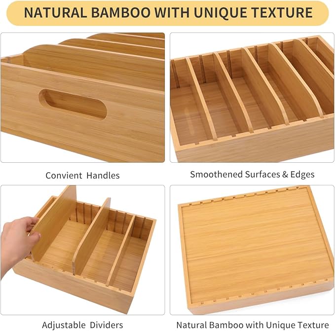 2 Pack Bamboo Lid Holder Food Container, Kitchen Organizer with 5 Adjustable Dividers, Cabinet Organizer for Food, Kitchen Gadget, Container Lids-HomvellaHome