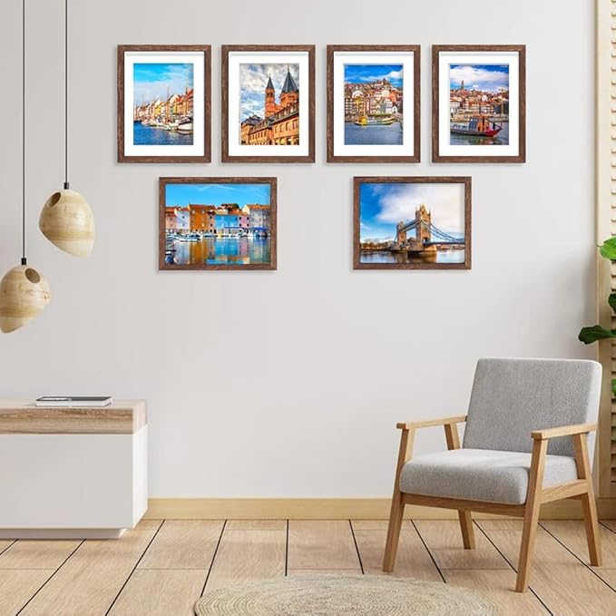 11x14 Picture Frame Set of 6, Display Pictures 8x10 with Mat or 11x14 Without Mat for Wall Mounting,Rustic Brown-HomvellaHome