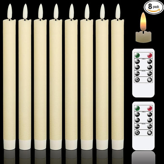 GenSwin Flameless Flickering Taper Candles with 2 Remote Controls and Timer, Real Wax 3D Wick Light Window Candles Battery Operated Pack of 8, Christmas Home Wedding Decor(Ivory, 0.78 X 9.64 Inch)-HomvellaHome