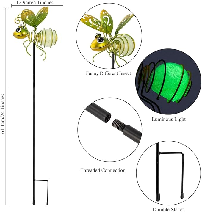 Garden Decor for Outside,3 Pcs Luminous Insect Garden Decorative Stakes,Glow in The Dark Bee Lights Metal Yard Art,Waterproof Outdoor Spring Lawn Patio Pathway Decoration for Mom,Women,Grandma-HomvellaHome