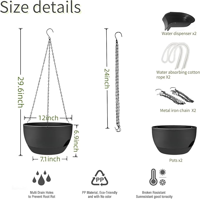 2 Pack Hanging Planters for Indoor Outdoor Plants, 12 Inch Self Watering Hanging Pot with Drainage Holes and Saucer, Plastic Plant Pots, Black Flower Pots for Kitchen, Balcony, Garden-HomvellaHome