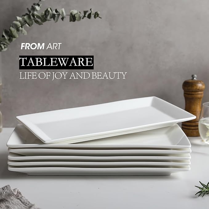 12" Serving Platters Set of 4, White Rectangular Plates, Ceramic Serving Tray, Stackable Large Party Plates for Appetizer, Dessert, Steak, Sushi, Housewarming, Oven Dishwasher Safe-HomvellaHome