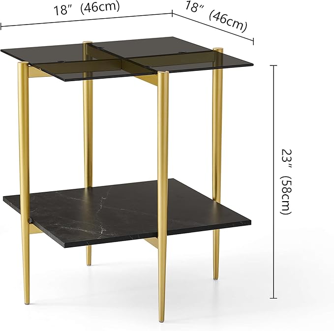 Glass End Table, Mid-Century Modern Design Sofa Table, for Living Room, L18 x W18 x H23 in, Clear Glass Top and Walnut MDF Shelf, Sleek Conical Metal Legs with Gold Finish Frame-HomvellaHome