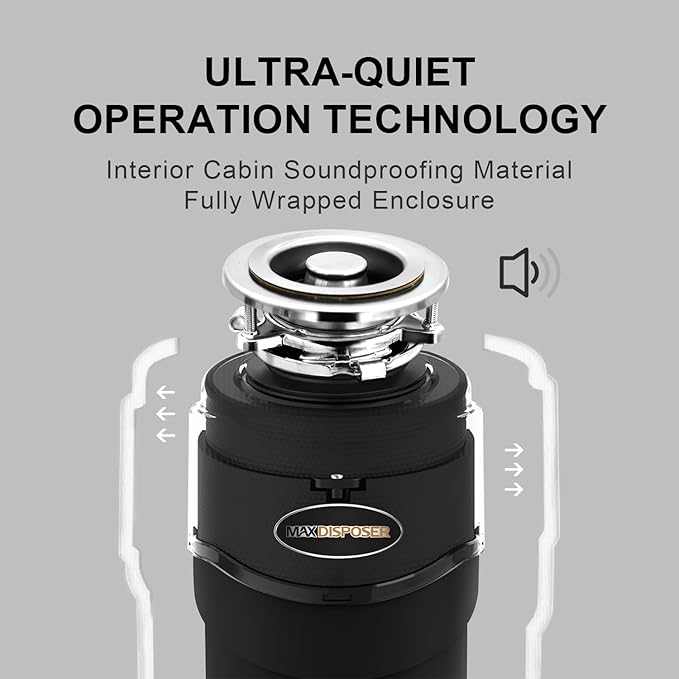 Garbage Disposal 3/4 HP Ultra Quiet powerful grinding Kitchen Food Waste Disposer with Power Cord Easy install, AC Motor Unit Continuous Feed Stainless Steel Grind 0.75 Horsepower (MAX-5)-HomvellaHome
