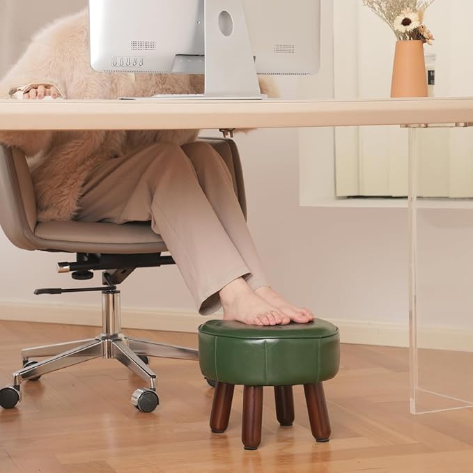 13in Small Foot Stool Ottoman, Round Faux Leather Foot Rest for Couch, Under Desk Pouf Footstool Footrest with Non-Skid Rubber Legs for Ling Room, Bedroom, 13''L x 13''W x 10.2''H, Green-HomvellaHome