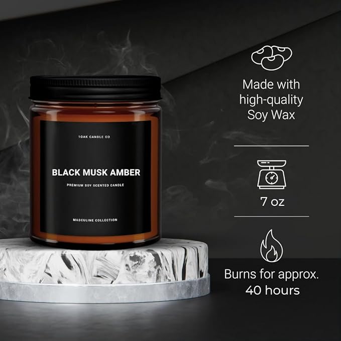 1OAK Black Musk Amber Candle - Soy Wax Scented Candle for Men - 7oz, Long Burning, Masculine - Premium Gift Option-HomvellaHome