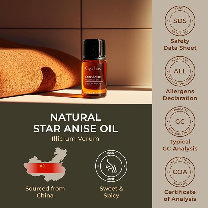 Gya Labs Star Anise Essential Oil for Skin - 0.34 Fl Oz - 100% Pure Natural Star Anise Oil for Diffuser, Hair, DIY & Aromatherapy & Candle Making Scent-HomvellaHome