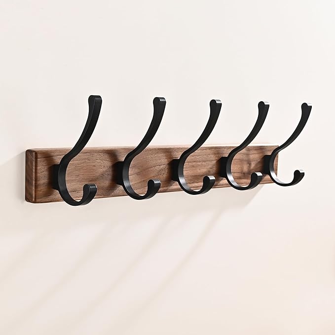 17.3" Small Wooden Coat Rack Wall Mount with 5 Hooks, Entryway Wall Hooks Coat Hanger for Hanging Towel Jacket Clothes Hat Backpack Shoe Purse Key Holder Multi Hook Rail by Black Walnut Wood-HomvellaHome