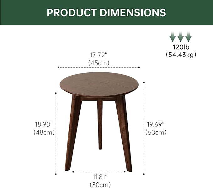 100% Solid Oak Round Side Table, Small Bedside Table for Small Spaces, Living Room End Table with Stable Frame, Modern Nightstand for Bedroom Couch, (Walnut, 17.71" D x 19.68" H)-HomvellaHome