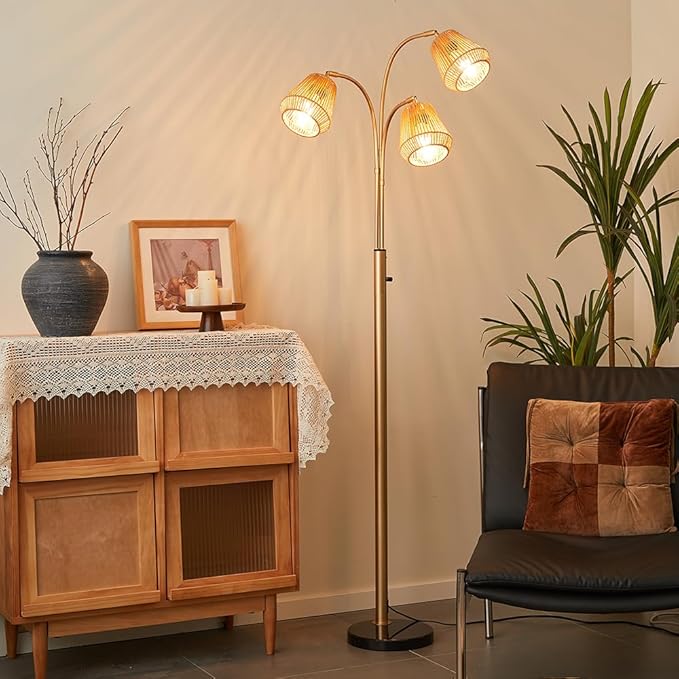 Gold Rattan Floor Lamp for Living Room, 72 Inch Tall Boho Floor Lamp with Rotary Switch, 3 Lights Arc Lamp with Wicker Shade for Coastal,Bohemian,Modern,Tree Farmhouse Standing Lamp-HomvellaHome