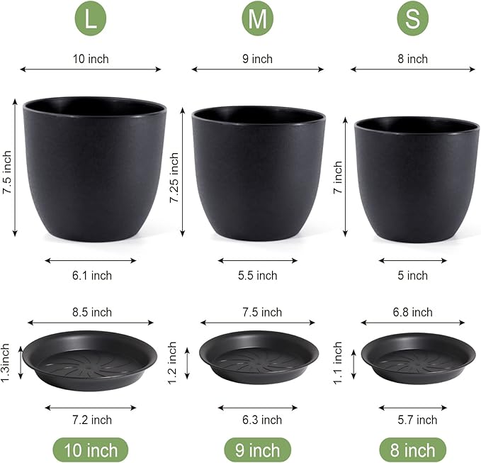 10/9/8 inch Medium Plant Pots, 3 Pack Modern Decorative Plastic Planters with Drainage Holes and Saucers, Flower Pots for Indoor Outdoor Plants, Black-HomvellaHome