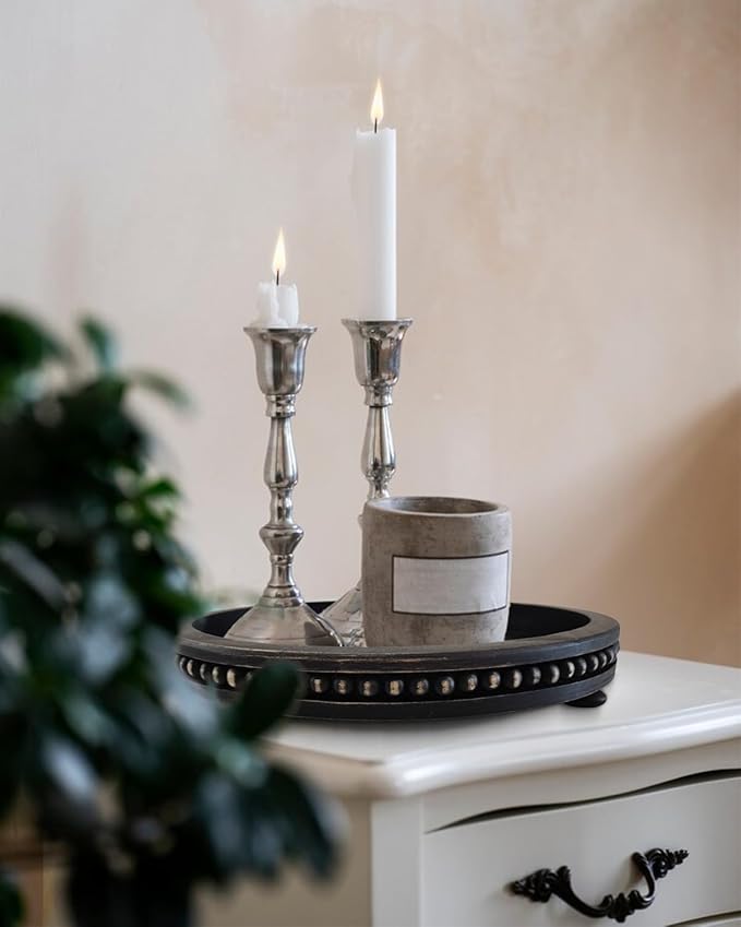 12 Inches Rustic Wooden Decorative Tray, Small Round Beaded Wood Tray for Kitchen Dinning Table Centerpiece Decor Entryway Living Room Home Decor, Black-HomvellaHome