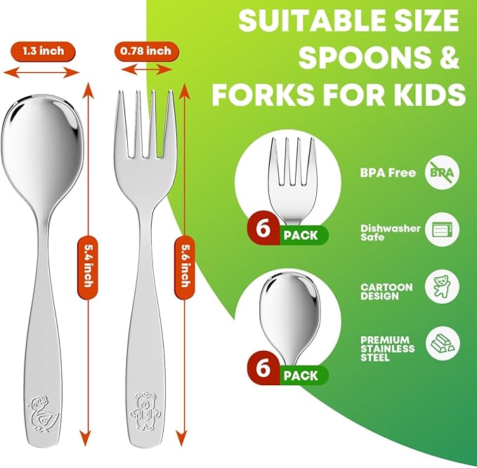 12 Pieces Toddler Utensils, Kids Stainless Steel Silverware Set - 6pcs Forks and 6pcs Spoon, Cute Children Flatware Sets with Mirror Polished, Self Feeding Safe, Dishwasher Safe-HomvellaHome