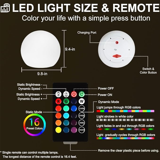 10 In LED Globe Light w/Remote, 16 RGB Colors 4 Modes & 8 Dimmable Brightness LED Ball Light Sphere Lamp, Rechargeable Orb Night Light Waterproof Outdoor Globe Lamp for Home/Yard/Lawn/Party/Pool Decor-HomvellaHome