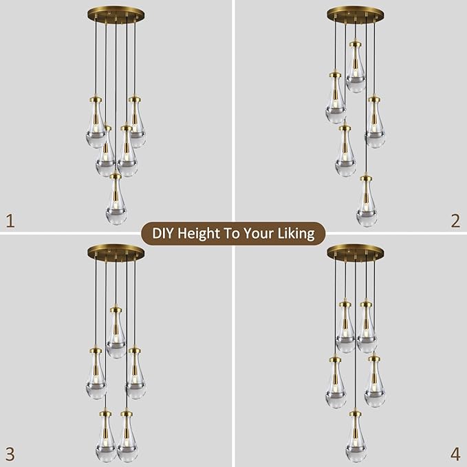 Gold 5 Light Cluster Pendant Lighting, Raindrop Chandeliers Brass Dining Room Lights Fixture, Teardrop Pendant Lights Kitchen Island, Hanging Lamp Ceiling for Entryway Foyer Staircase-HomvellaHome
