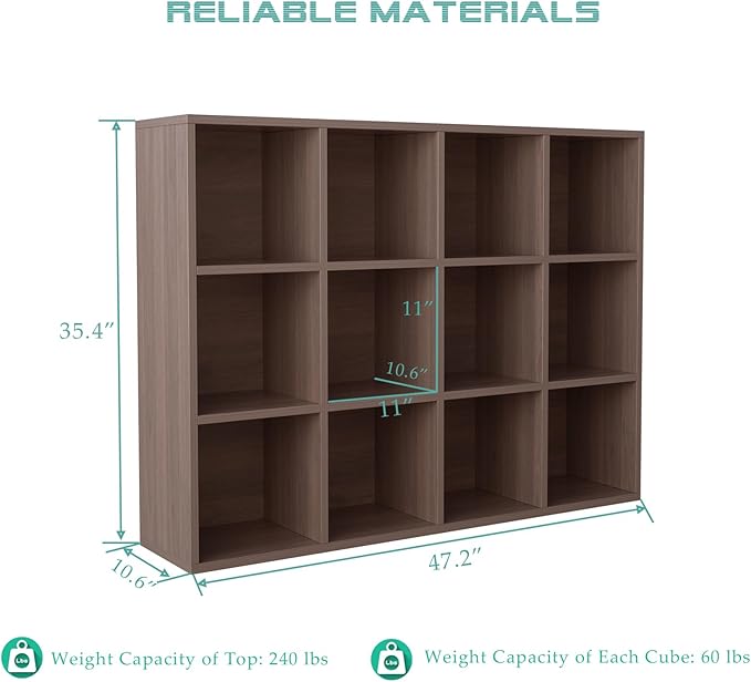 12-Cube Storage Shelf Bookcase - Wooden 3-Tier Floor Standing Open Bookshelf for Home and Office, Cuby Orgainzer, Walnut-HomvellaHome