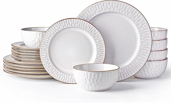 GBHOME Ceramic Dinnerware Sets,18 pcs Embossed Elegant Stoneware Plates and Bowls Sets, Housewarming Wedding Gift | Dishwasher & Microwave Safe | Dishes Set Service for 6-HomvellaHome