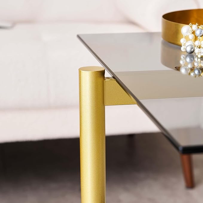 Glass End Table, Mid-Century Modern Design Sofa Table, for Living Room, L18 x W18 x H23 in, Clear Glass Top and Walnut MDF Shelf, Sleek Conical Metal Legs with Gold Finish Frame-HomvellaHome